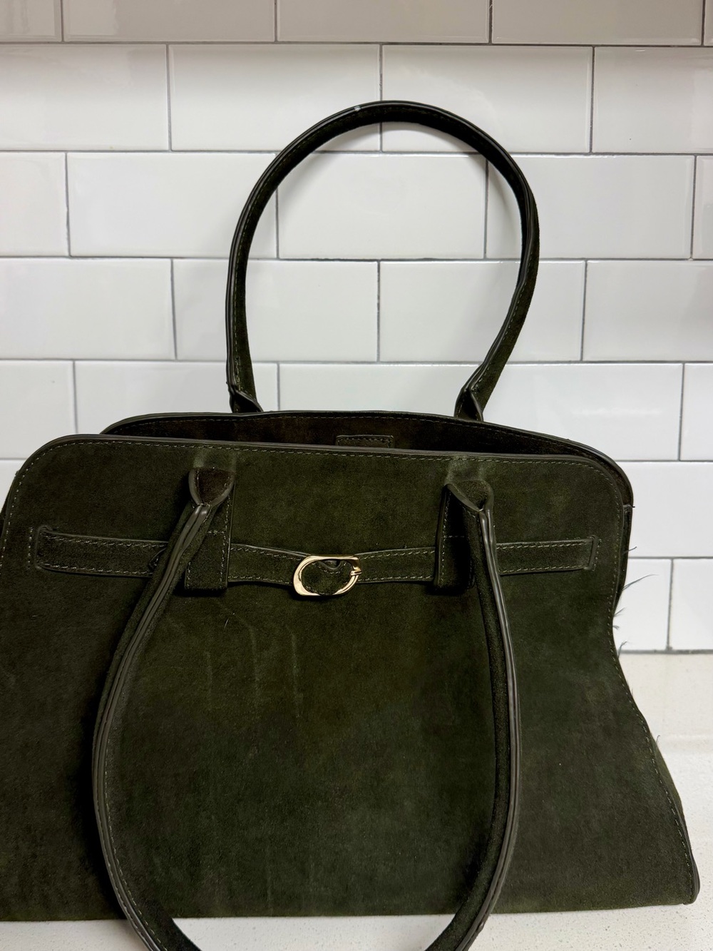 Aqua Olive Green Suede Tote with Gold Accent